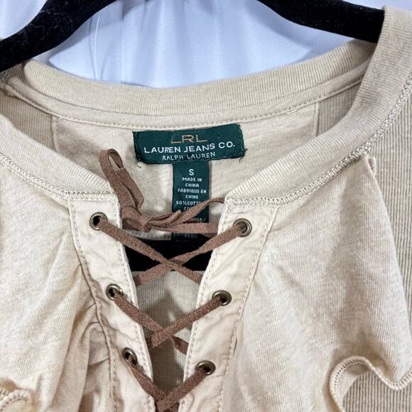 Lauren Ralph Lauren Plus Size 3/4 Sleeve Taupe Ruffle Front Blouse Top Sz S - Picture 4 of 4